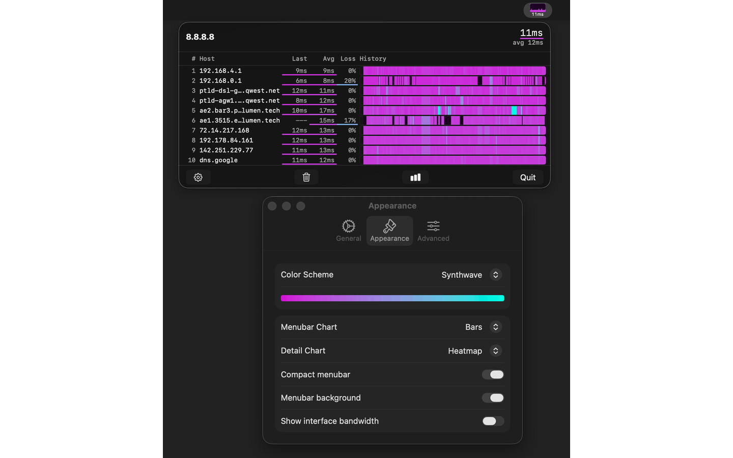 TraceBar settings panel showing color scheme picker